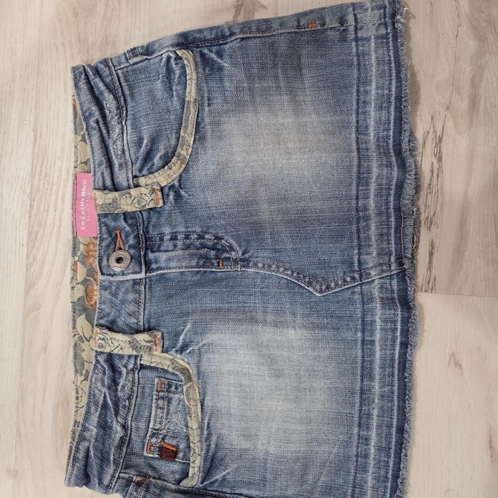 Miss Me Blue Denim Skirt with Patterned Trim